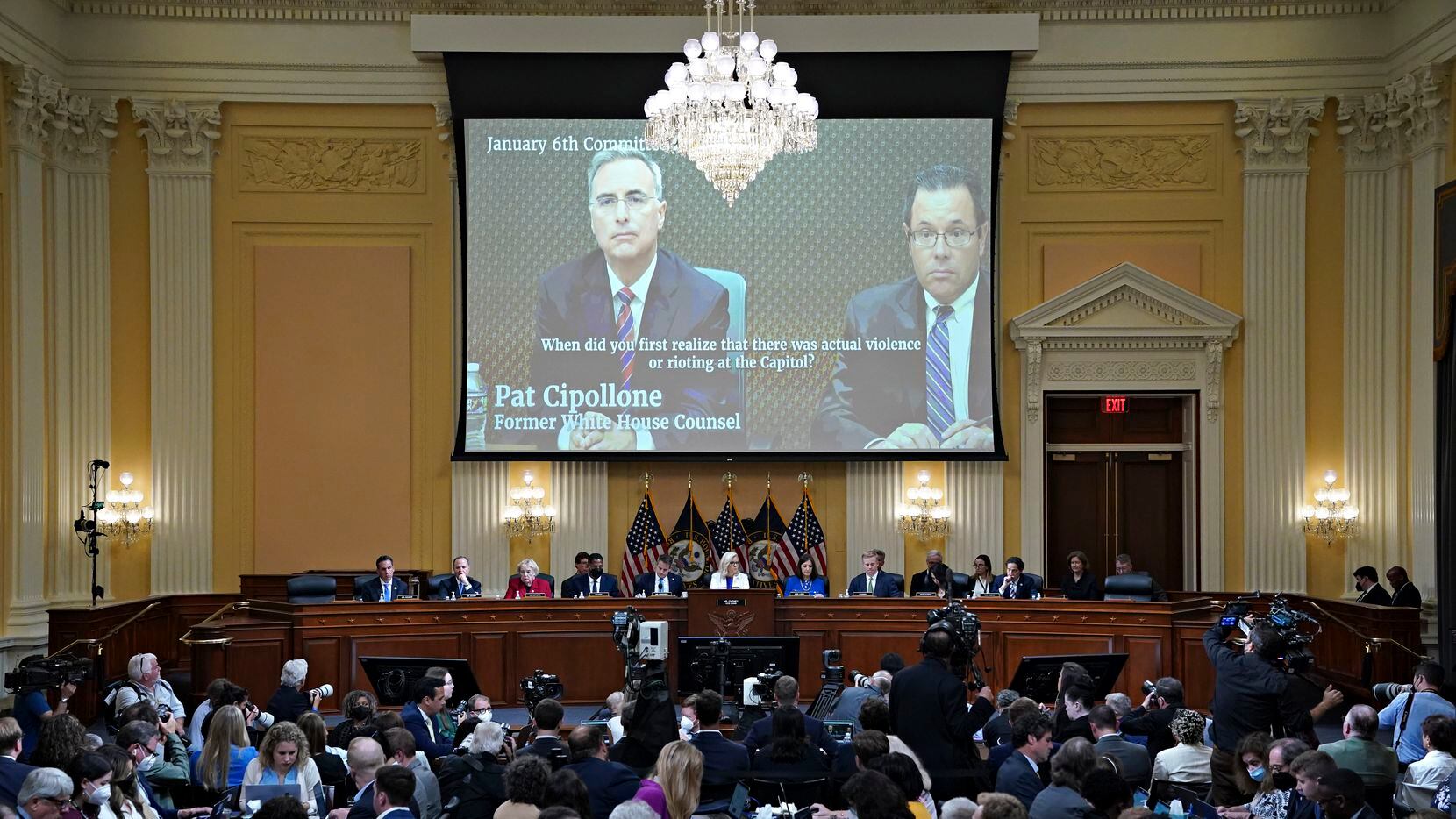 A video that shows Pat Cipollone, former White House counsel, is played as the House select...