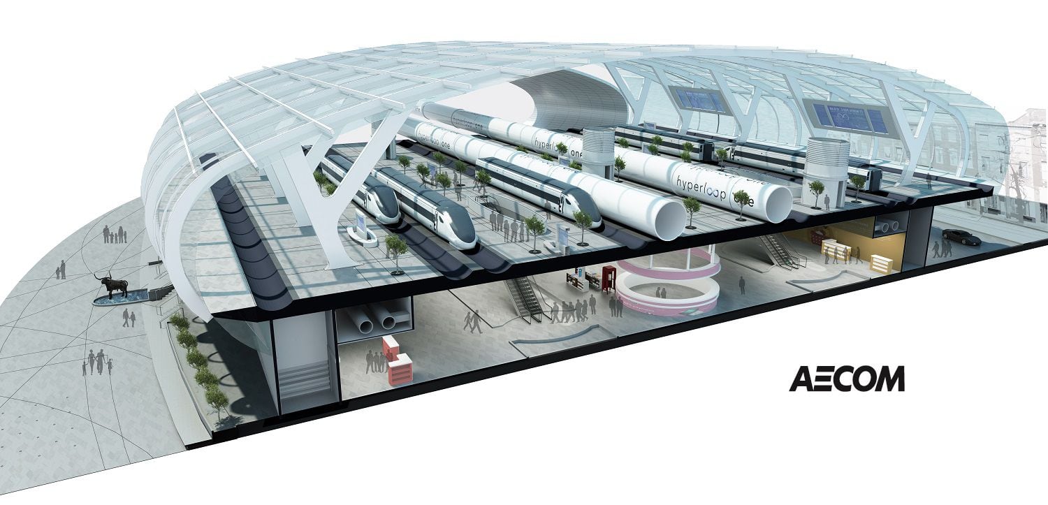 This conceptual rendering shows a station where passengers could travel on the hyperloop or...