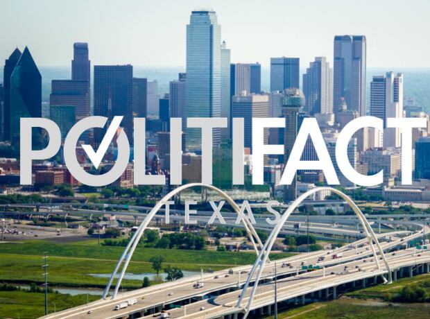A composite image featuring the PolitiFact logo and an aerial view of downtown skyline and...