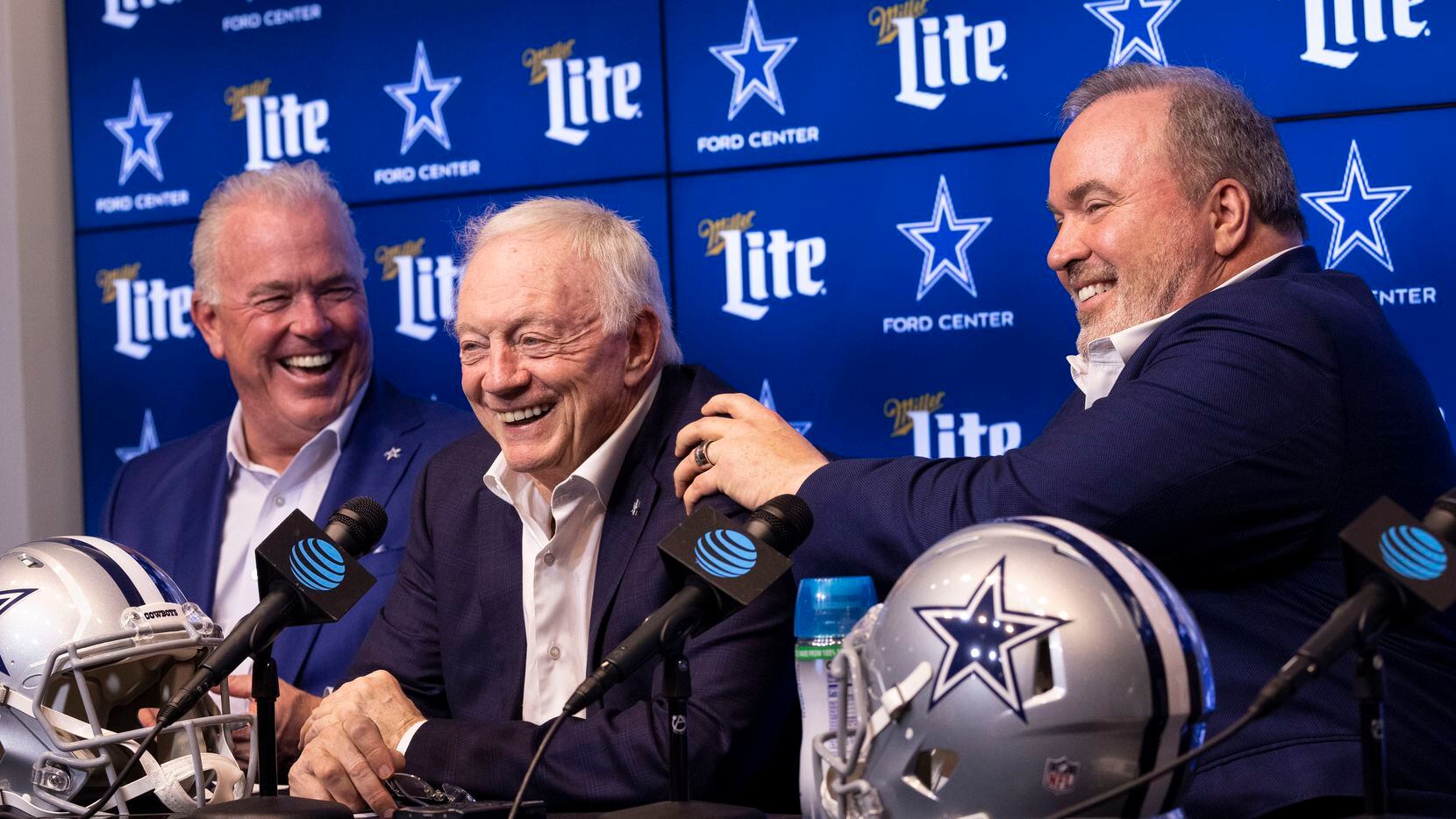 Dallas Cowboys Chief Operating Officer Stephen Jones,  Owner Jerry Jones and Head Coach Mike...