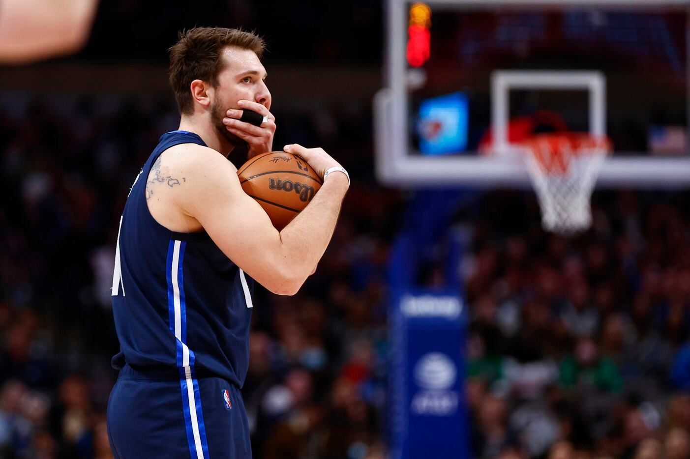 Dallas Mavericks guard Luka Doncic (77) reacts to a traveling call against him during the first half of an NBA basketball game against the LA Clippers in Dallas, Saturday, February 12, 2022. 