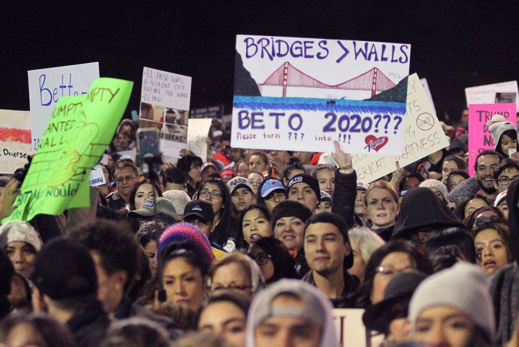 People attend an outdoor rally for former U.S. Rep. Beto O'Rourke outside the El Paso County...