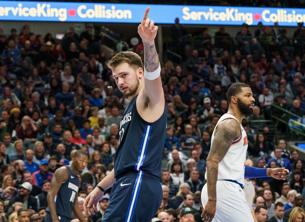 Dallas Mavericks guard Luka Doncic acknowledges picking up a foul during the first half of an NBA basketball game at American Airlines Center on Friday, Nov. 8, 2019, in Dallas. (Smiley N. Pool/The Dallas Morning News)