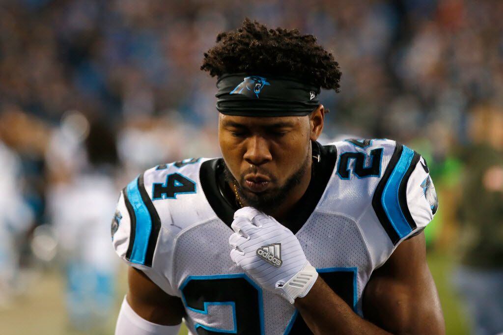 CHARLOTTE, NC - JANUARY 24:  Josh Norman #24 of the Carolina Panthers reacts prior to the...