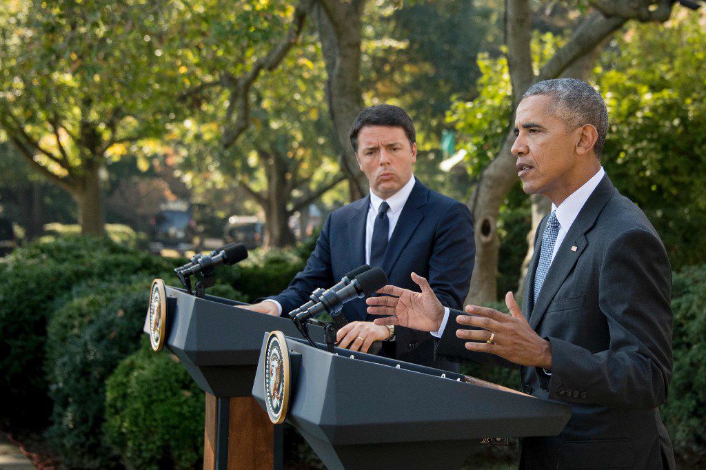 President Barack Obama, with Italian Prime Minister Matteo Renzi at a joint news conference...
