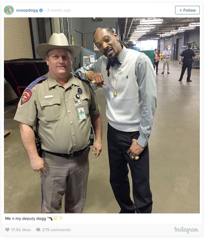 Trooper Billy Spears is fighting a reprimand for this photo posted by Snoop Dogg on...
