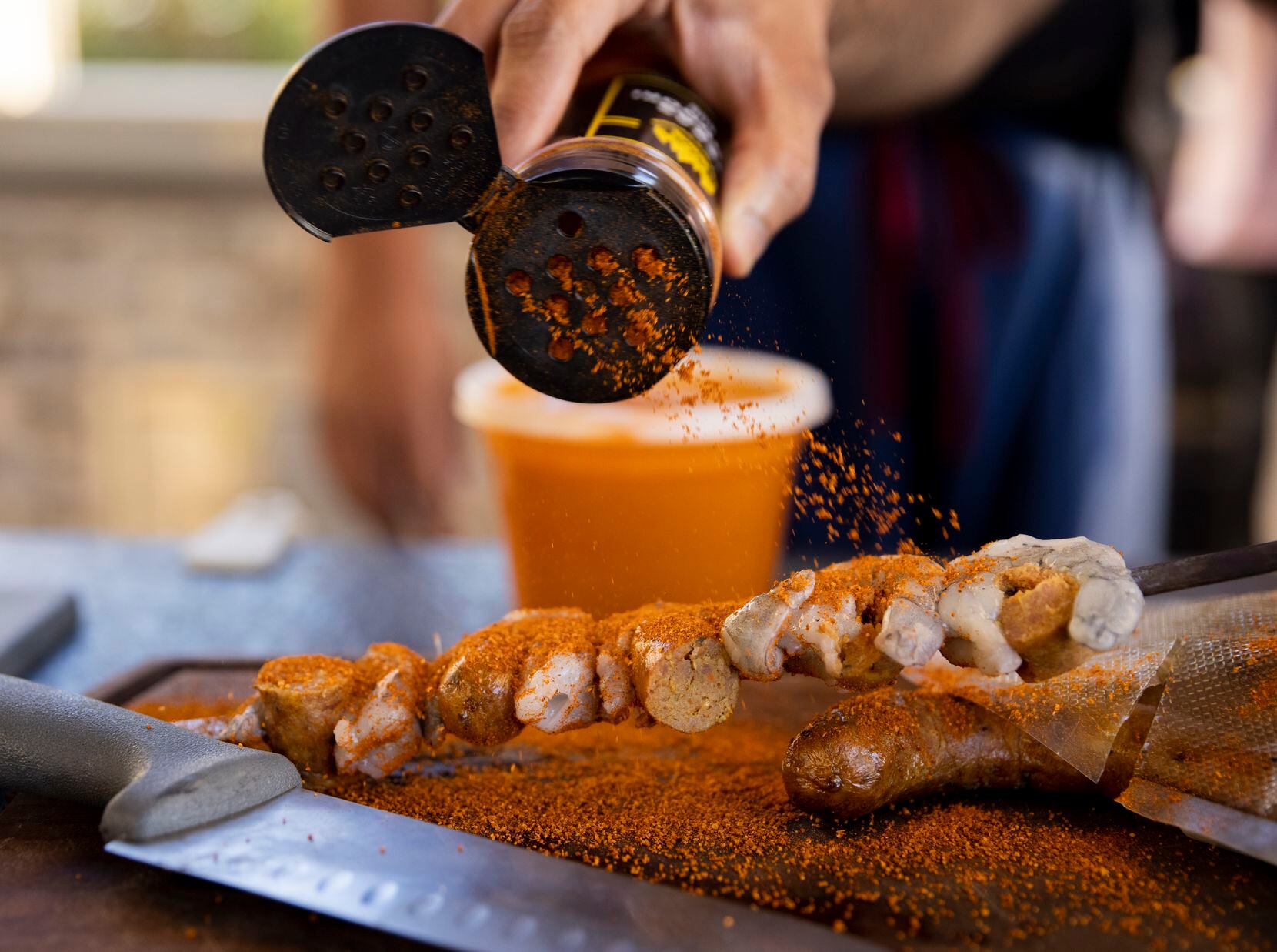 Shrimp and beef sausage are coated with the Halal BBQ Pitmasters Texas Tandoori Rub.