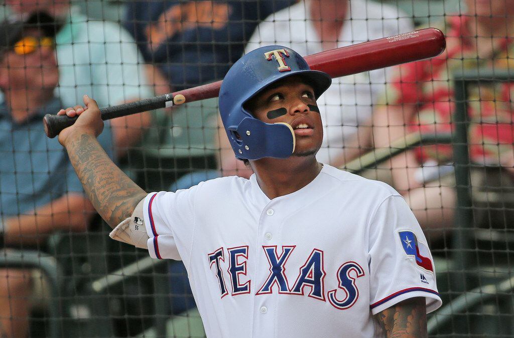 Texas Rangers left fielder Willie Calhoun (55) is pictured during the Houston Astros vs. the...