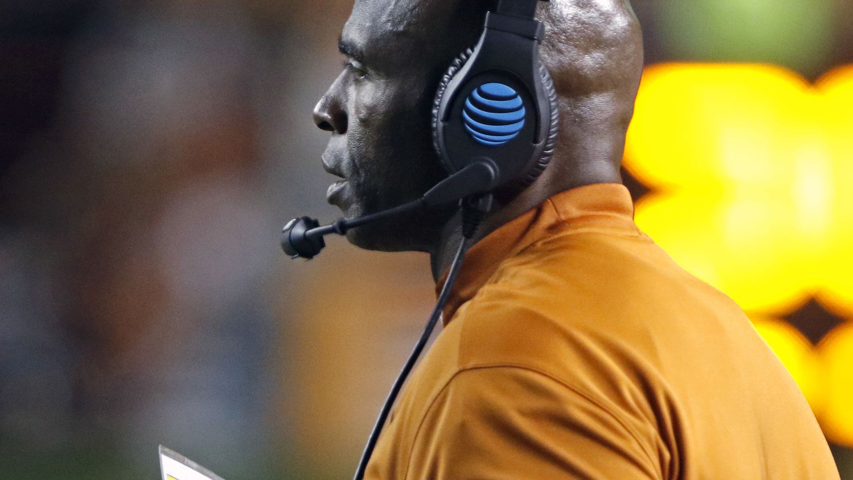 Texas head coach Charlie Strong looks on during the second half of an NCAA college football...