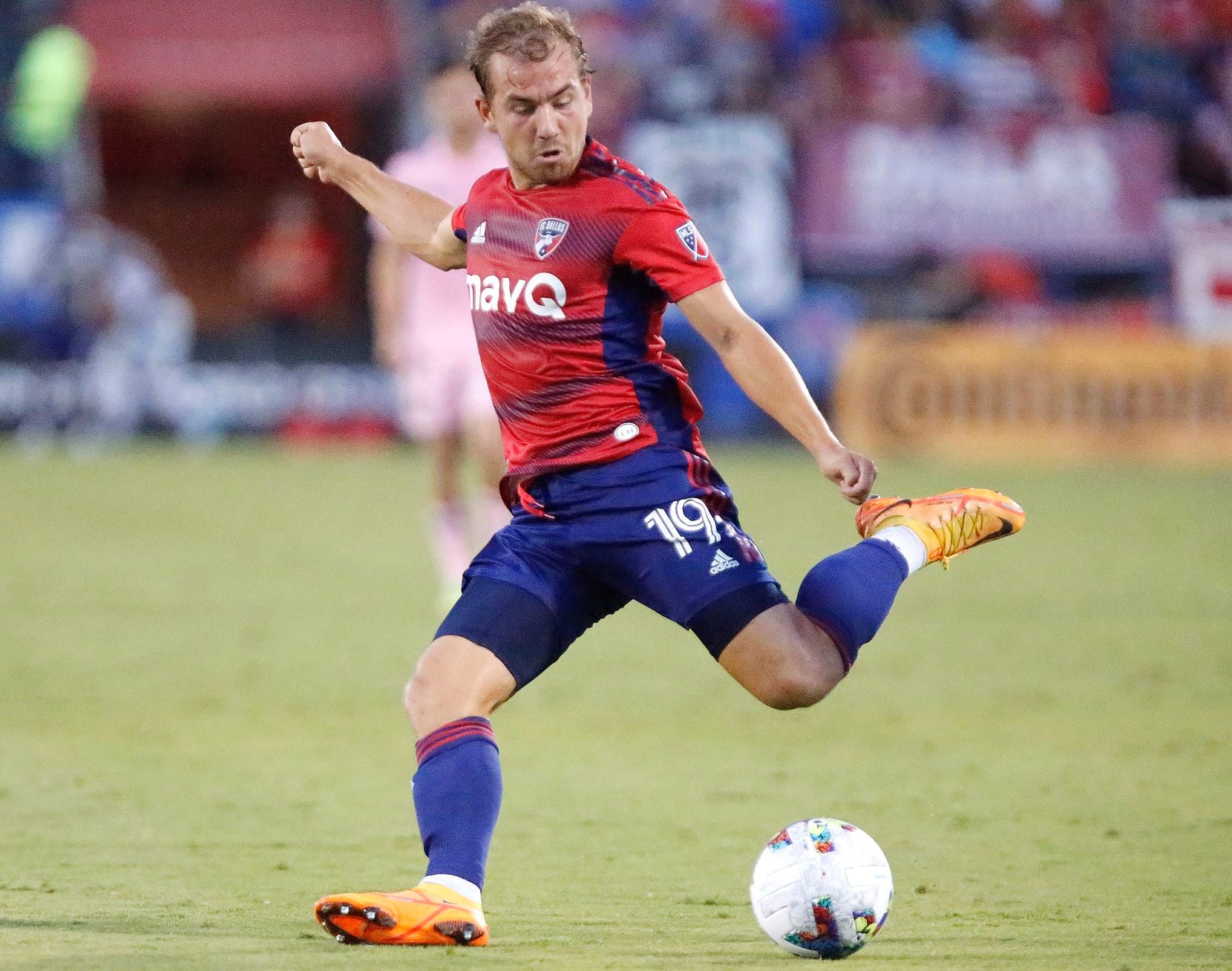 FC Dallas midfielder Paxton Pomykal (19) takes a shot on goal during the first half as FC...