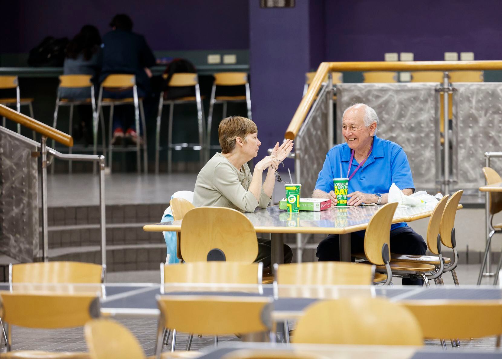 Donna and Jim Frame take a break at Dallas College’s Richland campus cafeteria. He has taken...