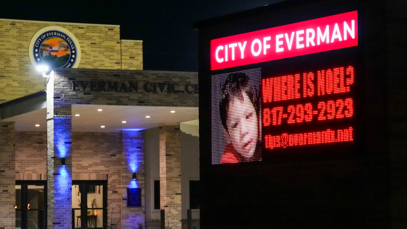 A sign seeks information about Noel Rodriguez-Alvarez at the Everman Civic Center in April.