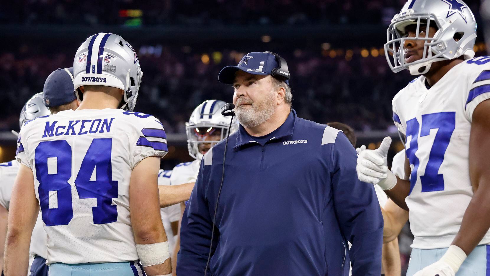 The Dallas Cowboys offense comes off the field as head coach Mike McCarthy looks on during the second half against the Las Vegas Raiders at AT&T Stadium in Arlington, November 25, 2021. The Cowboys lost in overtime to the Raiders, 36-33.