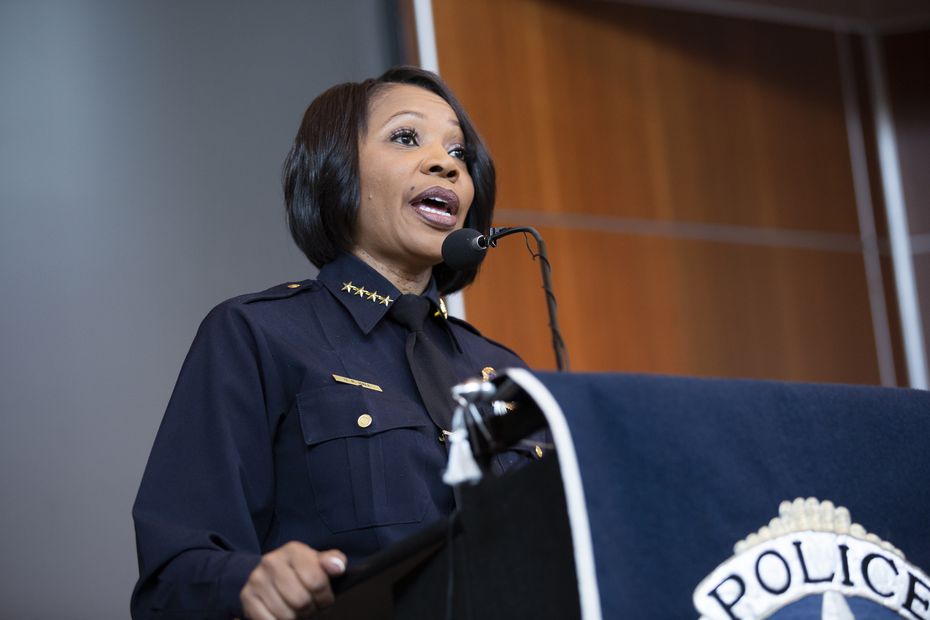 Dallas Police Chief U. Reneé Hall speaks at police headquarters during mass protests in early June.