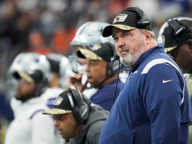 Dallas Cowboys head coach Mike McCarthy looks to the scoreboard during the first half of an NFL football game against the Denver Broncos at AT&T Stadium on Sunday, Nov. 7, 2021, in Arlington.