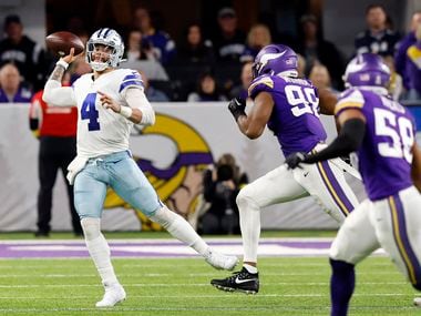Dallas Cowboys quarterback Dak Prescott (4) throws on the run during the second quarter...