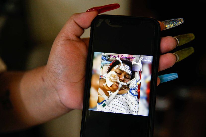Devany Veloz, 26, shows a photo taken of her while she was in a coma battling COVID-19.