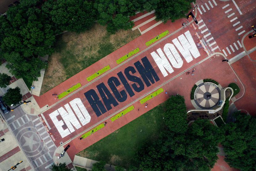 FORT WORTH, TEXAS - JUNE 28: An aerial view from a drone as residents view the "End Racism...