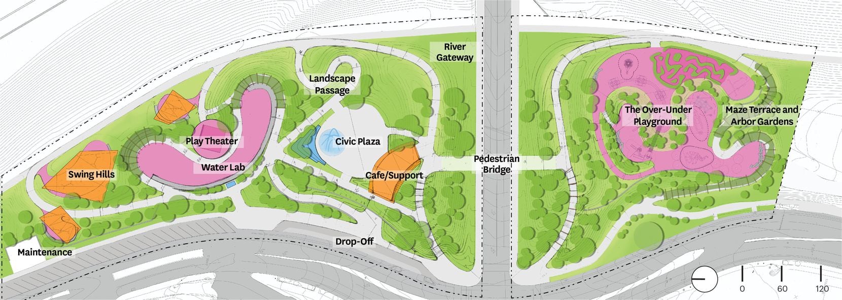 A preliminary conceptual plan for the West Overlook of the Trinity Park, which would...