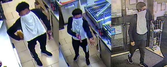 Surveillance camera images of a suspect wanted in an aggravated robbery incident at a far...