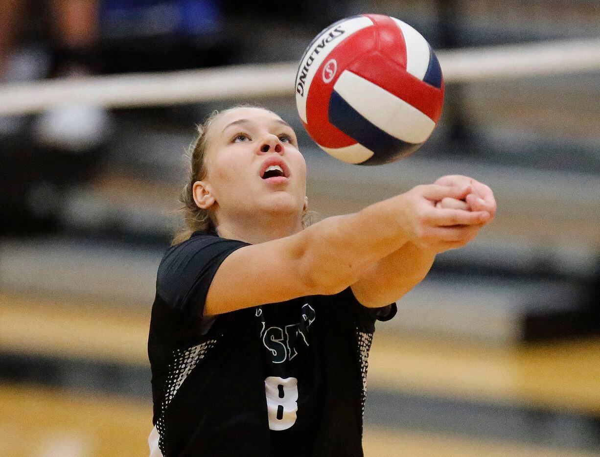 Prosper High School setter Jazzlyn Ford (8) bump sets during game two of the first round Class 6A playoff match between Flower Mound High School and Prosper High School, played at The Colony High School on Tuesday, November 2, 2021. (Stewart F. House/Special Contributor)