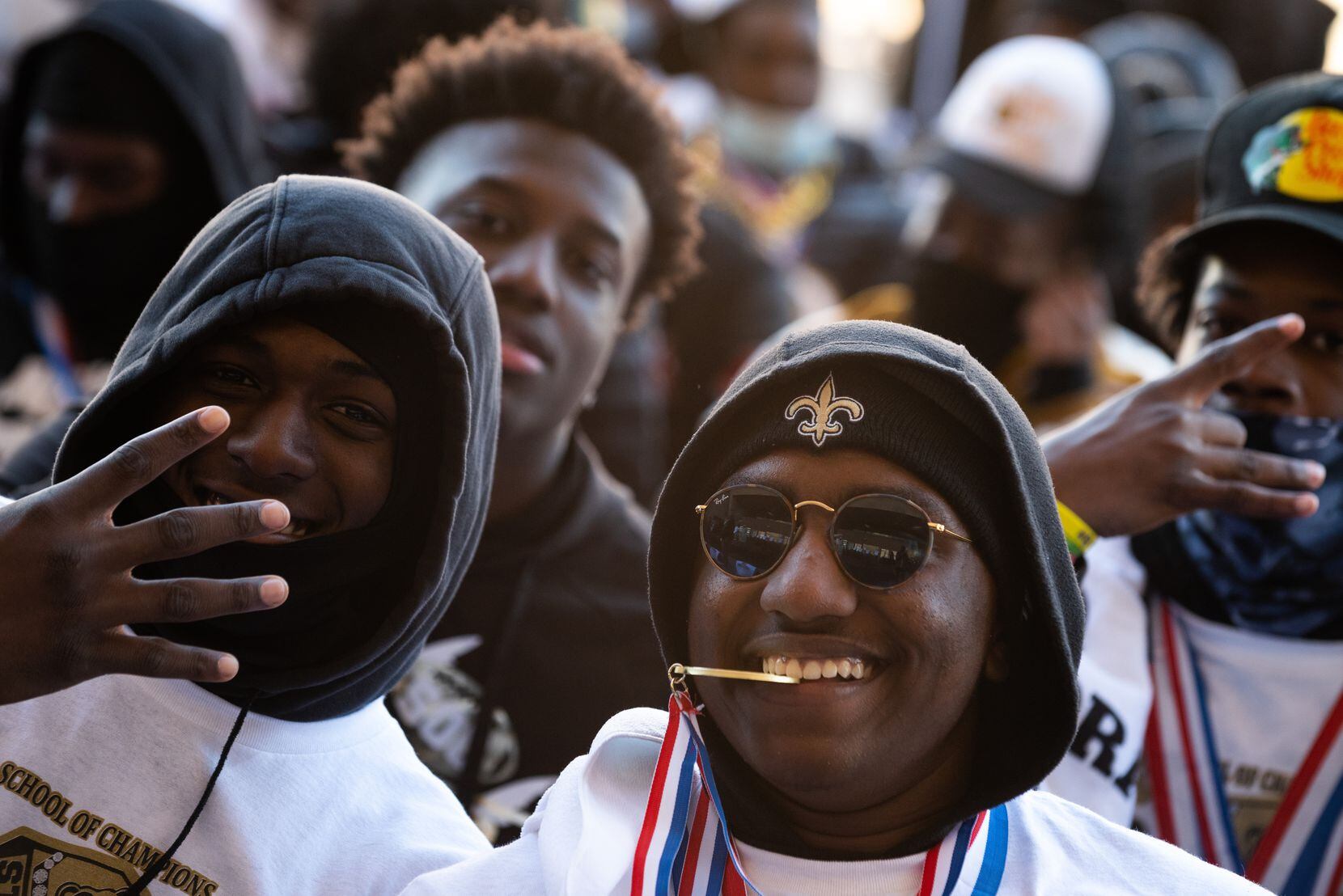 Football players Kelean Durant, left, and William Little, of South Oak Cliff High School,...