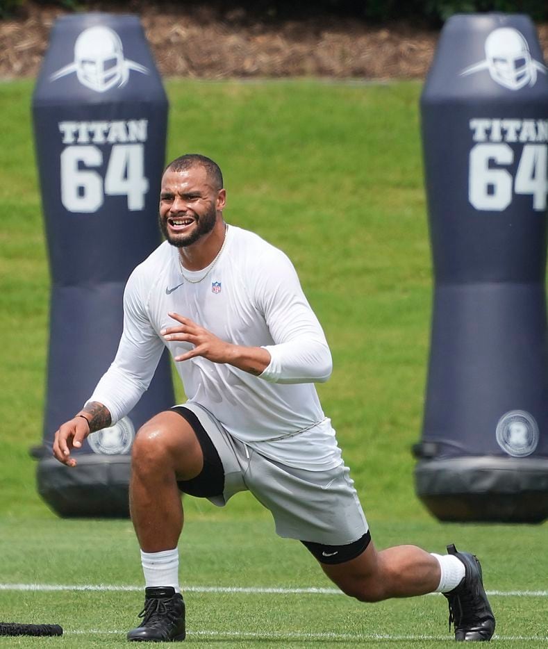 Dallas Cowboys quarterback Dak Prescott does conditioning during a minicamp practice at The Star on Tuesday, June 8, 2021, in Frisco. (Smiley N. Pool/The Dallas Morning News)