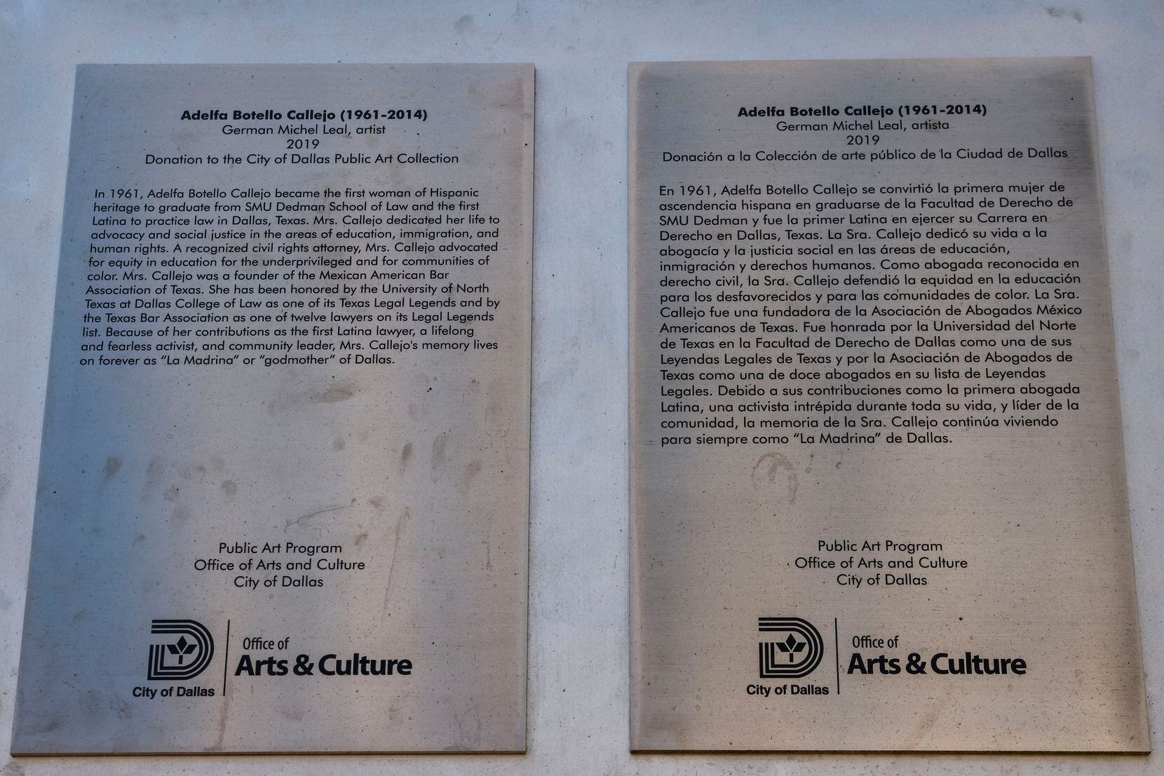 Plaques in English and Spanish describe the legacy of Adelfa Botello Callejo at a statue in...
