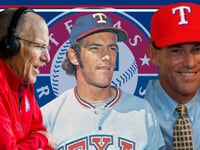 Tom Grieve as a Rangers broadcaster, player and general manager.