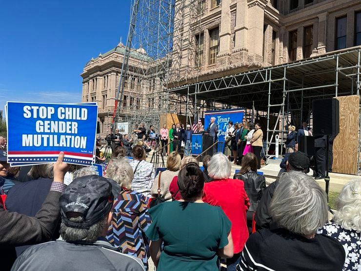 Lt. Gov. Dan Patrick speaks to the crowd assembled outside the Texas Capitol in Austin for...