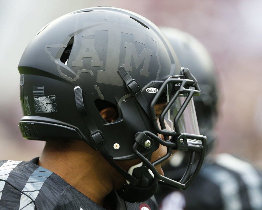 Detail of Texas A&M Aggies defensive back Justin Evans (14) helmet before a game against the...