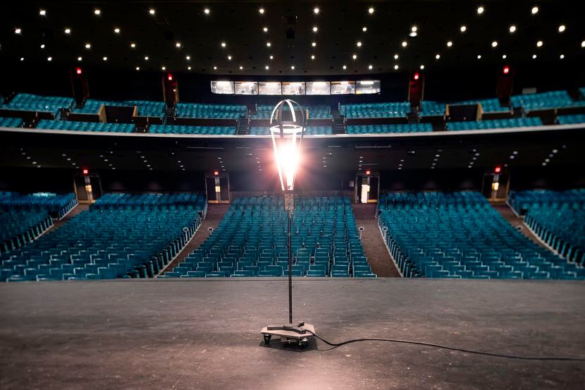 A ghost light onstage at the empty Music Hall at Fair Park in Dallas on Thursday, Feb. 4, 2021.
