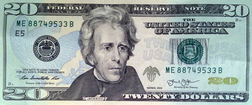 This photo shows the front of the U.S. $20 bill, featuring a likeness of Andrew Jackson,...