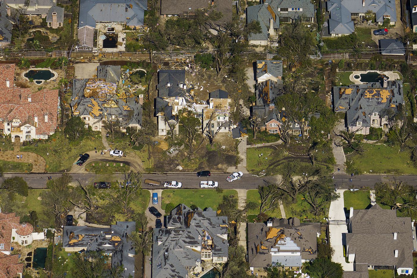 Damaged homes just south of Royal Lane and just west of Hillcrest Road is seen in aerial...