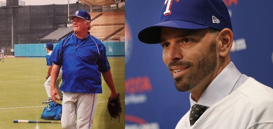 Left: Former Northview High School baseball coach Tom Quinley had a profound influence on new Texas Rangers manager Chris Woodward. (Courtesy/Chris Woodward) Right: Texas Rangers' new manager Chris Woodward speaks during a press conference announcing his position at Globe Life Park in Arlington, Texas on Monday, Nov. 5, 2018. (Rose Baca/The Dallas Morning News)