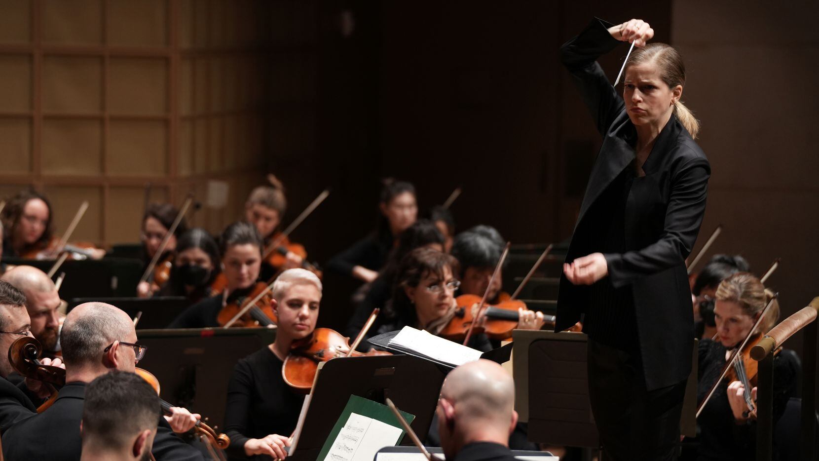 Karina Canellakis conducts the Dallas Symphony Orchestra at the Meyerson Symphony Center in...