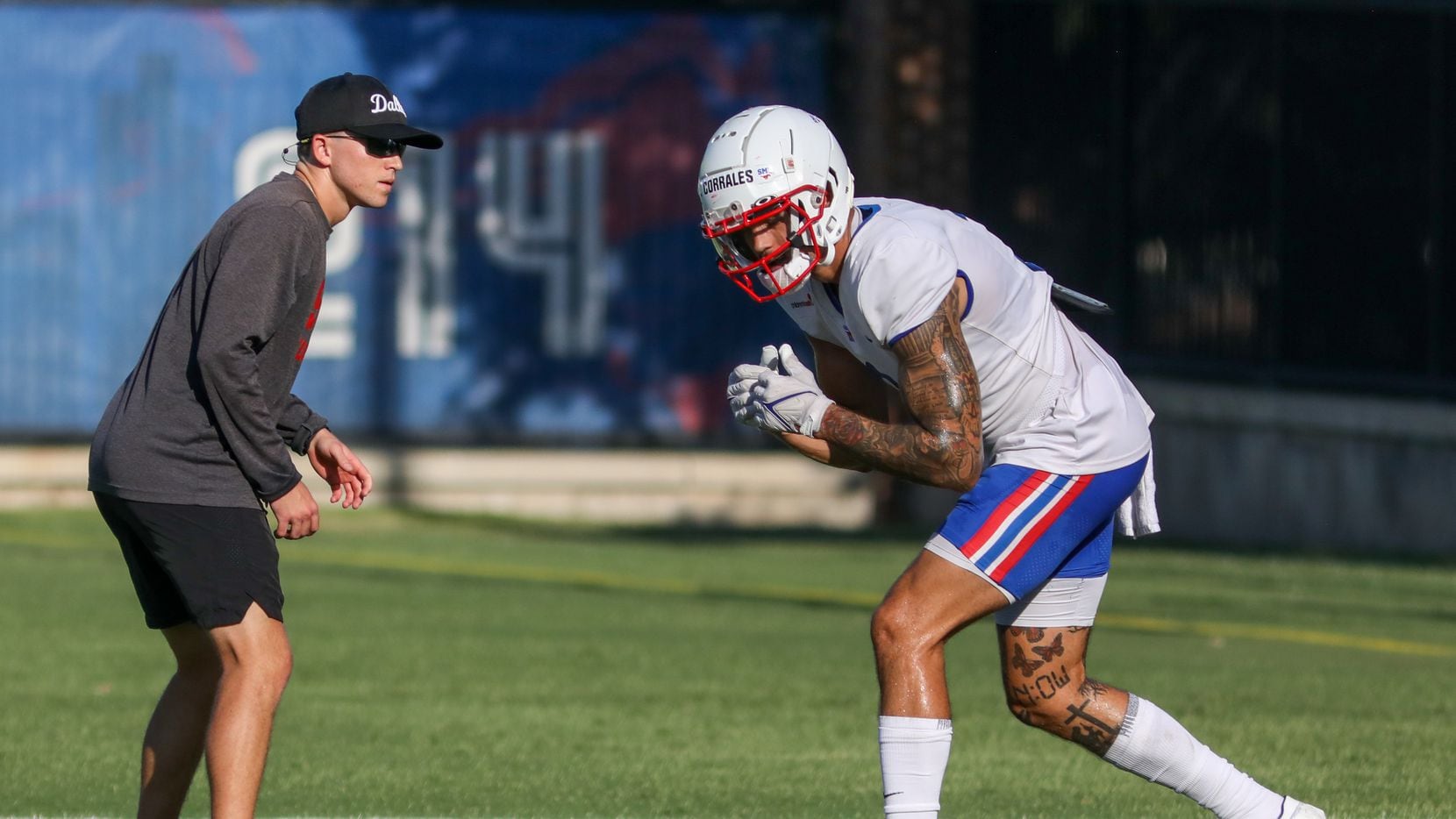 Southern Methodist University wide receiver Beau Corrales runs through a drill during...