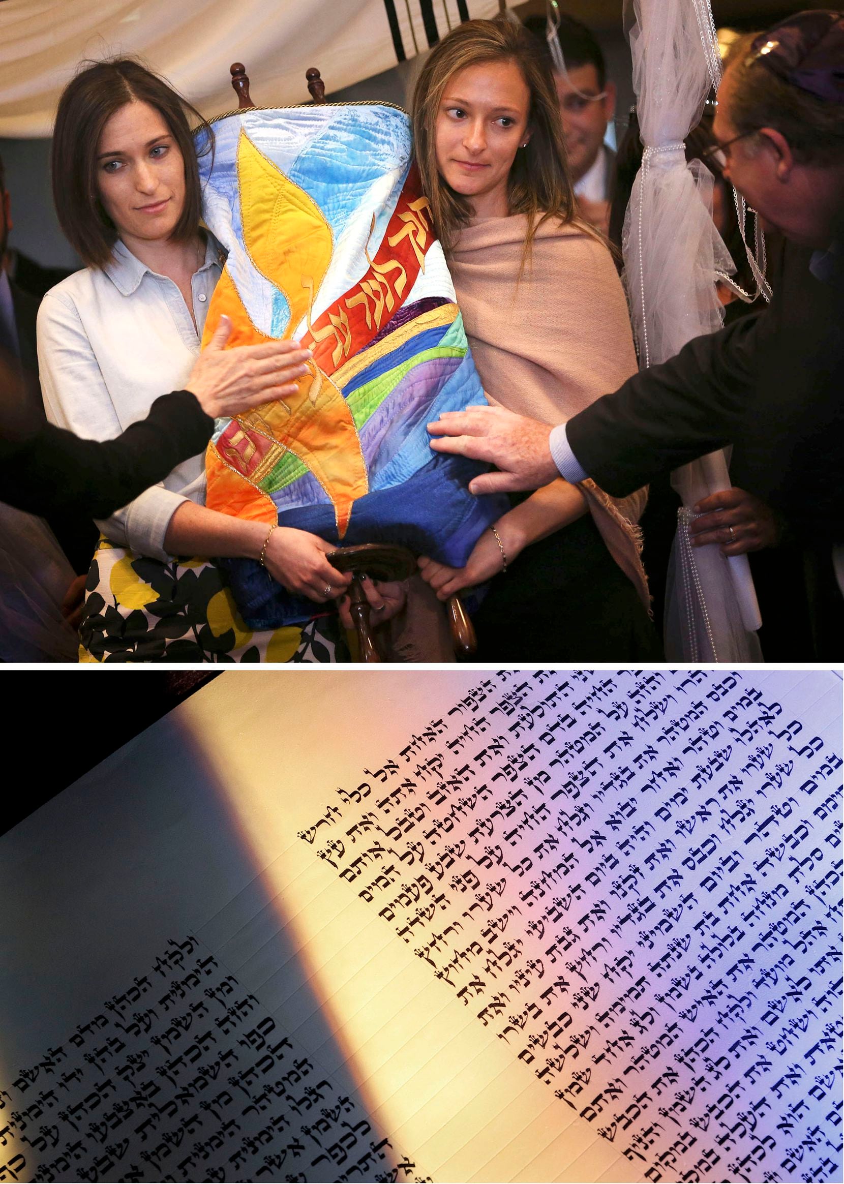 Top: Adina Weinberg (left) and Jordana Weinberg, daughters of Rabbi Stefan Weinberg, carry a torah made in honor of their mother, Wende Weinberg, into the Anshai Torah synagogue on April 15 in Plano. Bottom: Sunlight streaming through a window at Anshai Torah illuminates Hebrew writing in the congregation's new torah. 