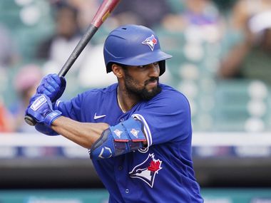 Toronto Blue Jays' Marcus Semien plays during the first inning of a baseball game, Sunday, Aug. 29, 2021, in Detroit. (AP Photo/Carlos Osorio)