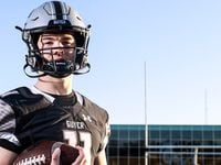 Quarterback Jackson Arnold poses for a portrait at Guyer High School Football Field  in Denton on Wednesday Jan. 5, 2022. Arnold is the 2021 Dallas Morning News Offensive Player of the Year. In 2019 and 2021 Arnold played with the Guyer Wildcats in the 6A State Title football games at AT&T Stadium.
