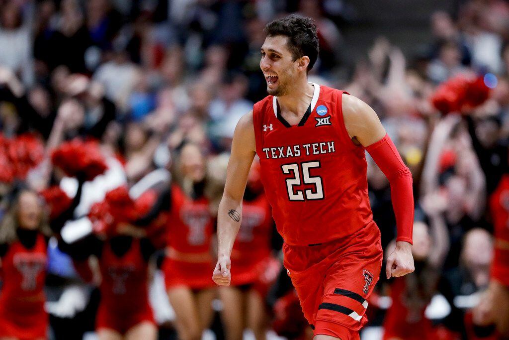 Texas Tech guard Davide Moretti celebrates after scoring against Gonzaga during the second...