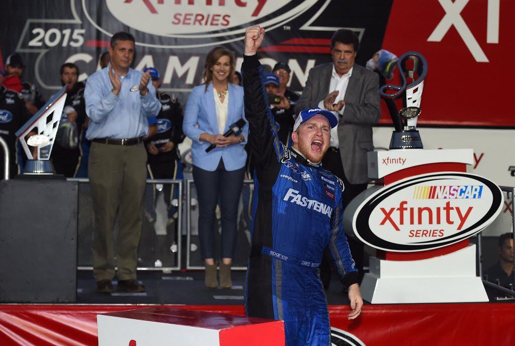 Nov 21, 2015; Homestead, FL, USA; NASCAR Xfinity Series driver Chris Buescher celebrates in...