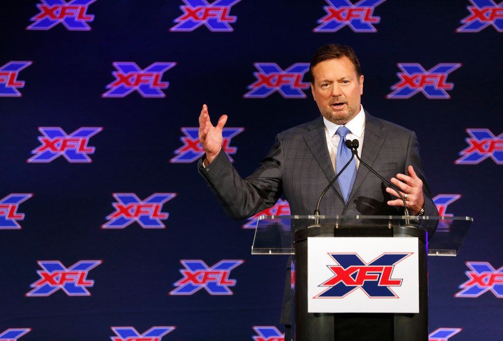 Bob Stoops, head coach and general manager of the Dallas XFL team, speaks during a press...
