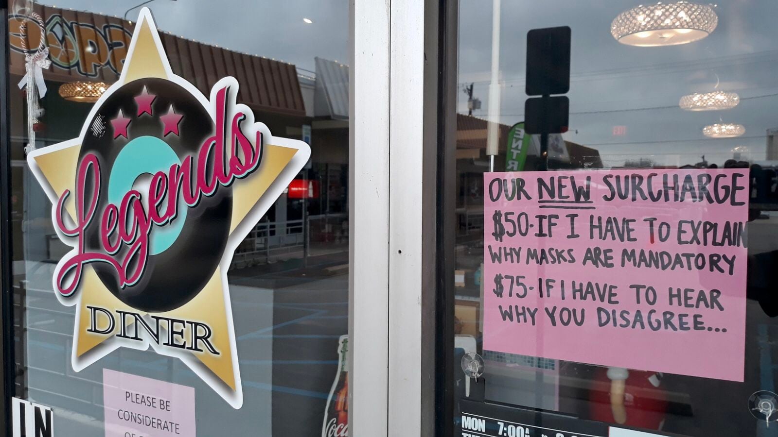 The co-owners of Legends Diner in Denton posted a sign on the restaurant in mid-March 2021,...