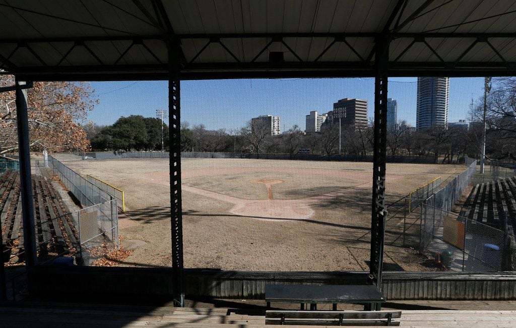 Last winter, Reverchon Park's ball field, as seen from the historic grandstand, showed its...