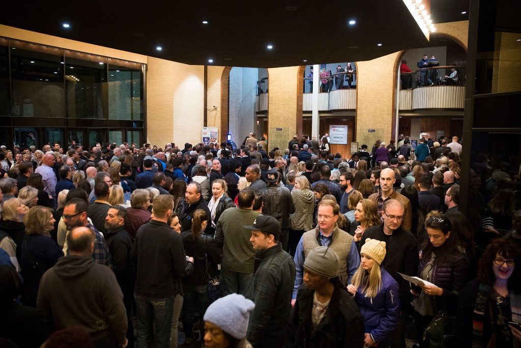 Patrons waited to enter Fair Park Music Hall for a performance by comic Bill Maher, just...