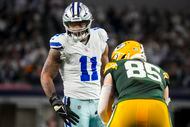 Dallas Cowboys linebacker Micah Parsons (11) lines up against Green Bay Packers tight end...