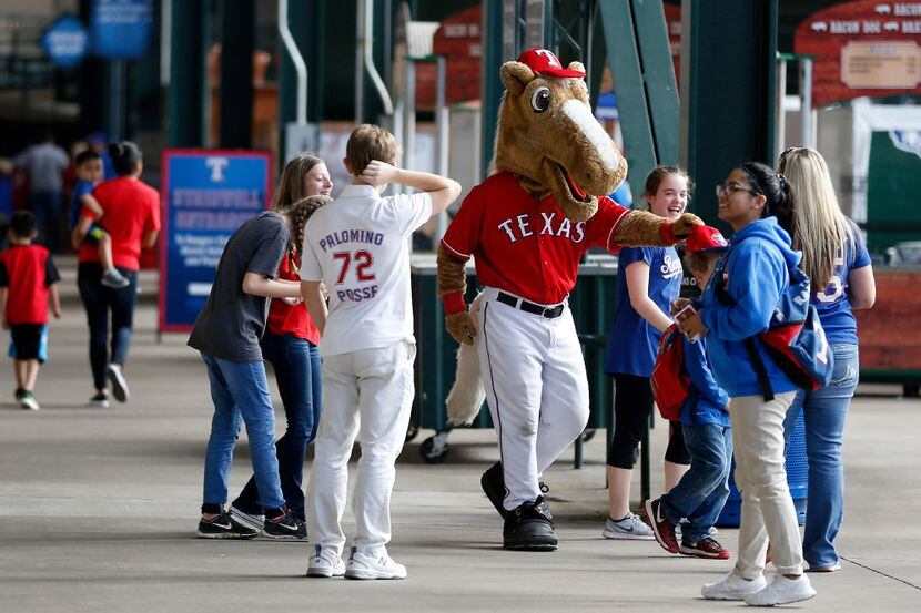 Texas Rangers Mascot greets fans.