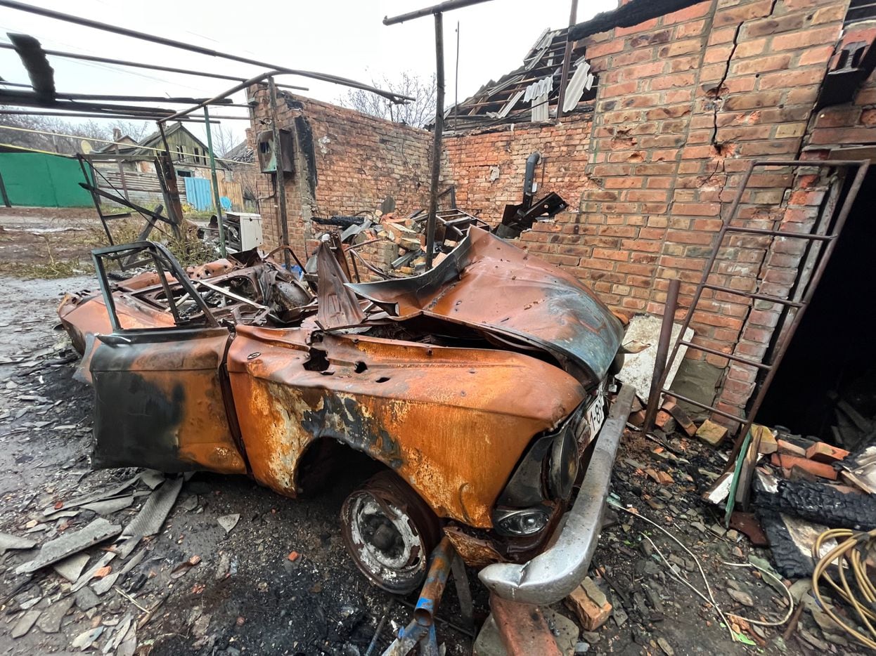 A burned out car in Bakhmut in the Donbas region, Eastern Ukraine.