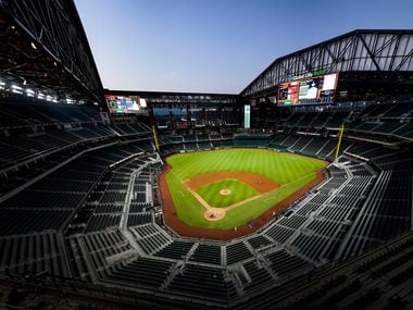 A panoramic view shows the retractable roof open during a Texas Rangers Summer Camp intrasquad game during at Globe Life Field on Friday, July 17, 2020.